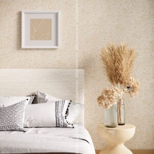 Silk Plaster Relief 322 on a bedroom wall behind an upholstered headboard and pampas grass