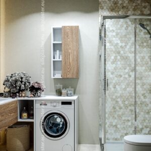 Mixart elastic plaster in pale beige-green in a bathroom with a wooden cabinet and mosaic shower