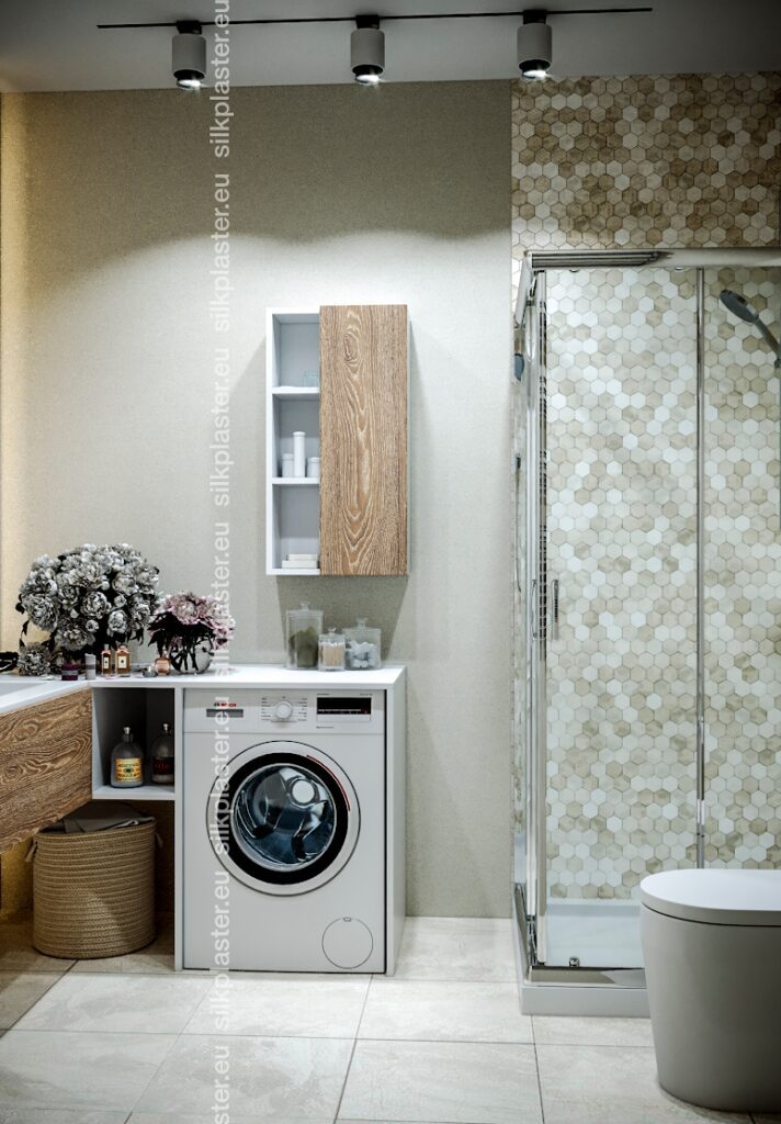 Mixart elastic plaster in pale beige-green in a bathroom with a wooden cabinet and mosaic shower