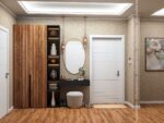 Silk Plaster Prestige 408 in sandy beige in a hallway with a wooden wardrobe and oval mirror