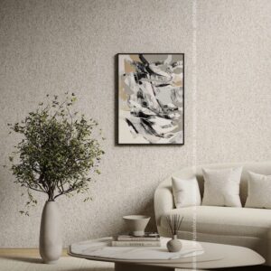 Silk Plaster Prestige 401 in cream behind a boucle sofa, olive tree and framed abstract art