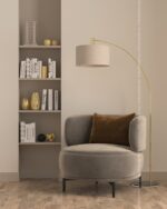 PrimeColor 5 tinted B31 warm taupe reading corner wall with a bookshelf, grey armchair and brass floor lamp