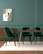 PrimeColor 5 tinted B15 teal green dining room wall with green velvet chairs around a wood table