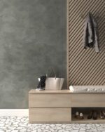 Nappa velvet-touch wall paint in grey-green, hallway with a light wood bench and slatted panel