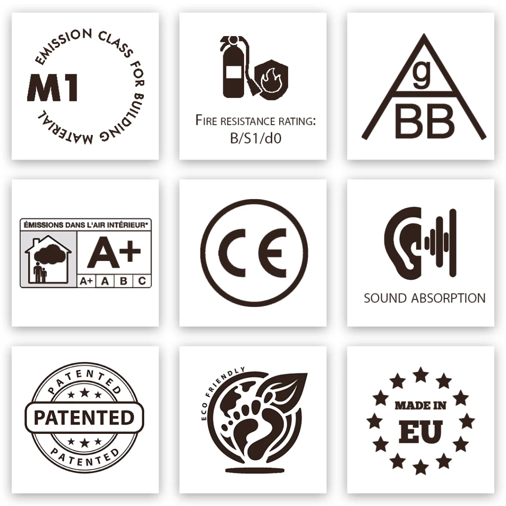 Silk Plaster quality certificates - M1 emission class, CE marking, fire resistance B-s1-d0, EU manufactured