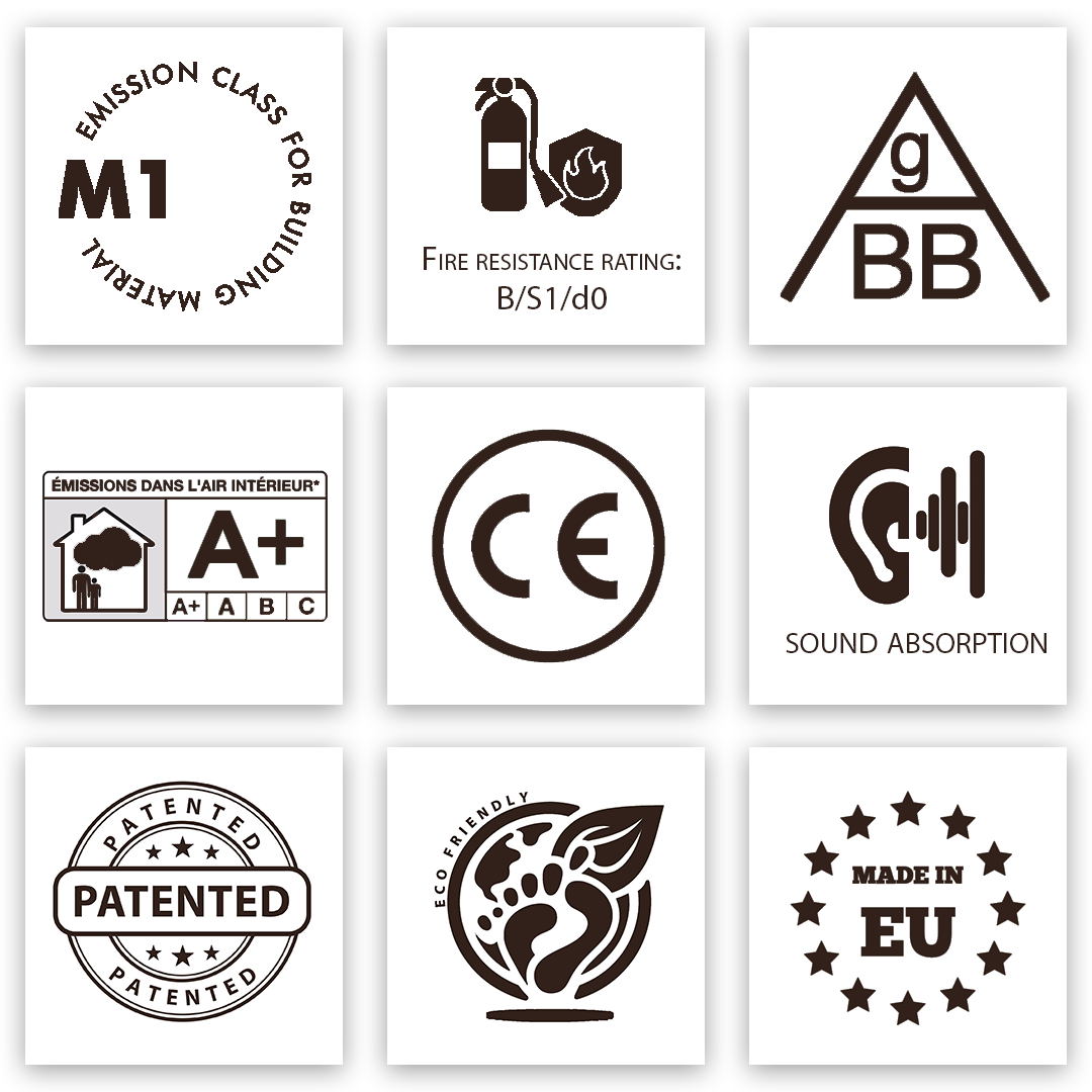 Silk Plaster quality certificates - M1 emission class, CE marking, fire resistance B-s1-d0, EU manufactured