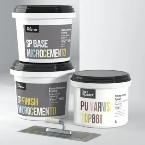 Silk Plaster Microcement system — SP Base, SP Finish and PU 2K Varnish TOP 890 product buckets