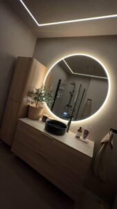 Microcement bathroom vanity with backlit mirror - another angle Norway