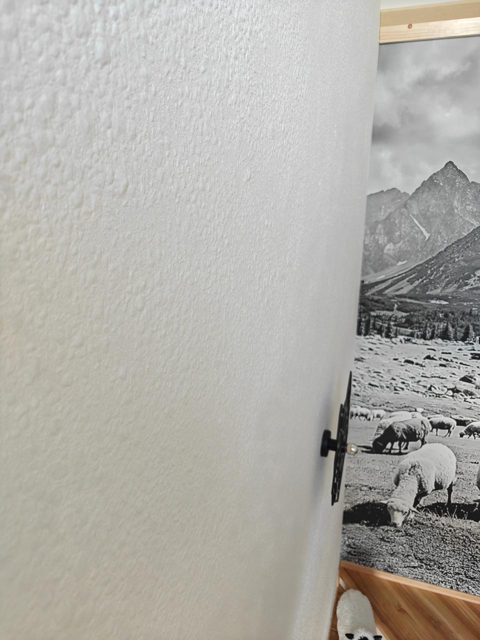 Victoria 701 silk plaster applied next to a Tatra mountain photo mural in a timber-framed chalet stairwell