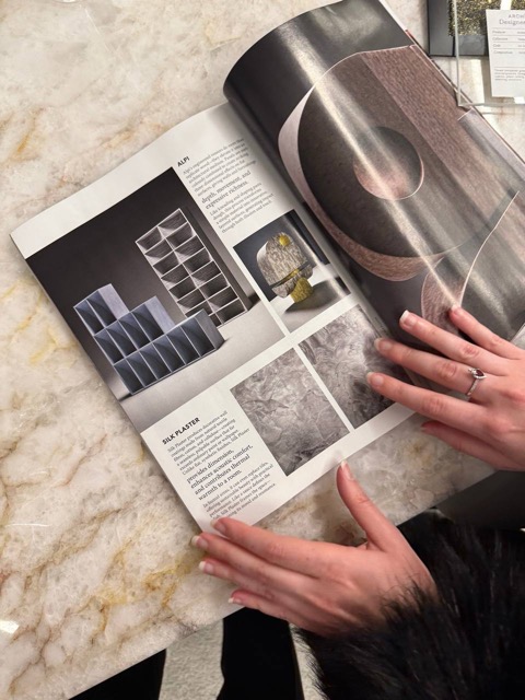 Reading the Archideco Designer's Library magazine - Silk Plaster editorial spread with material samples