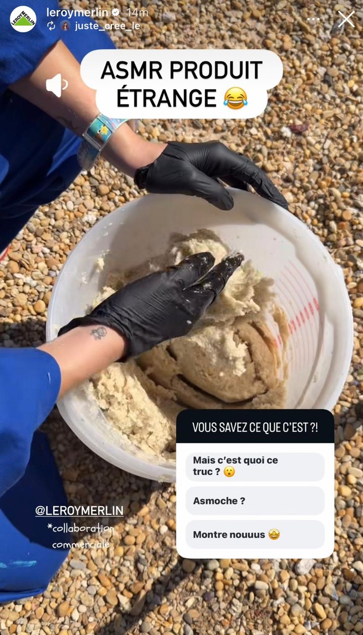 Leroy Merlin Instagram story: mixing Silk Plaster liquid wallpaper in a bucket, captioned ASMR produit étrange