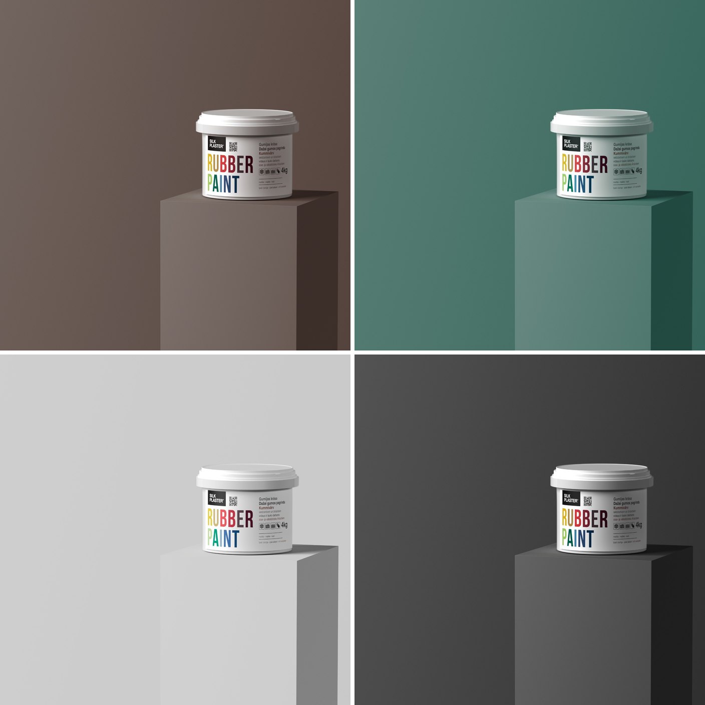 Four Rubber Paint packs photographed against anthracite, light grey, green and brown backgrounds