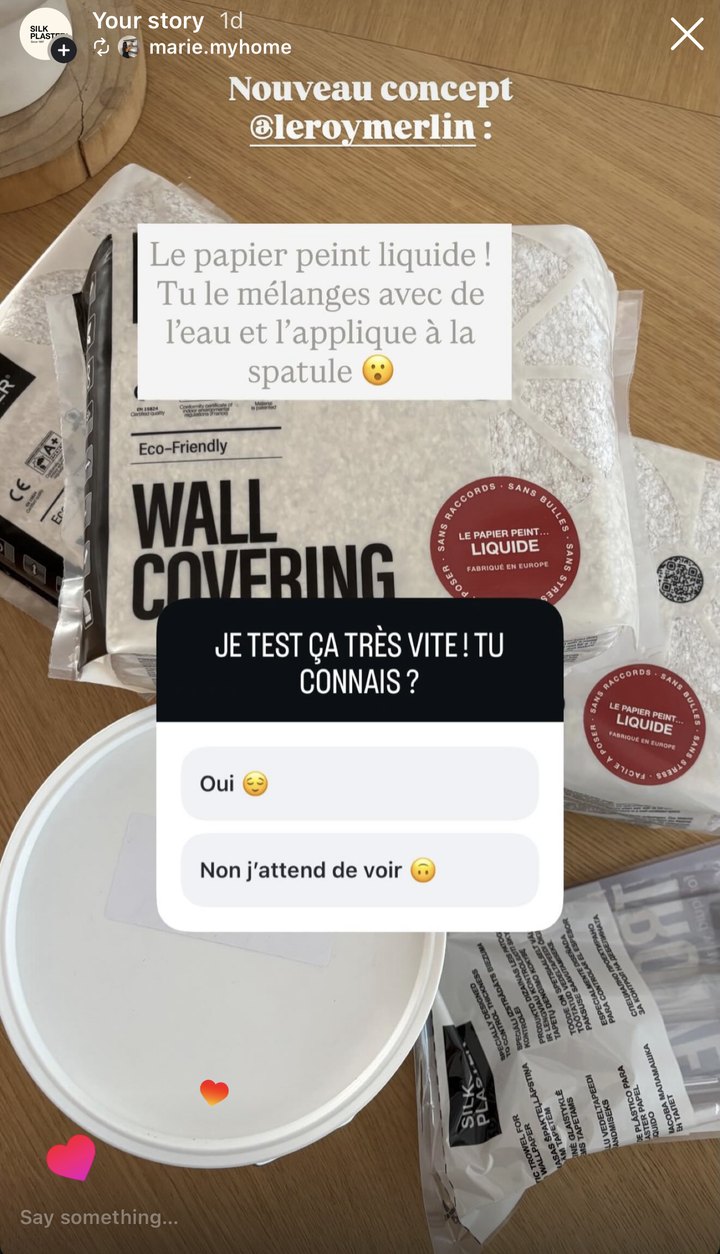 Instagram story by marie.myhome showing Silk Plaster wall covering packs bought at Leroy Merlin