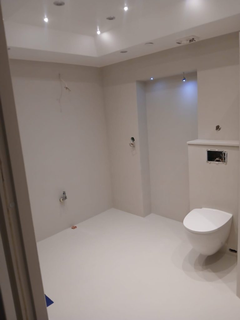 Bathroom mid-renovation with microcement floor and marmorino wall finish, wall-hung toilet and recessed niche