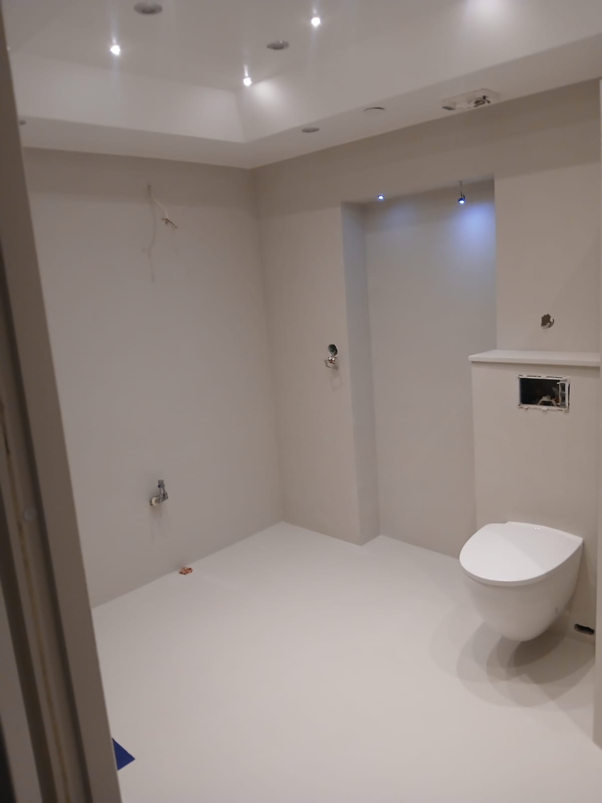 Bathroom mid-renovation with microcement floor and marmorino wall finish, wall-hung toilet and recessed niche